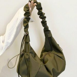 1pc Nylon Fabric Multi-Pocket Dumpling Crossbody Bag, Women Casual Pleated Drawstring Shoulder Bag, Slouchy Bohemian Hobo Bag