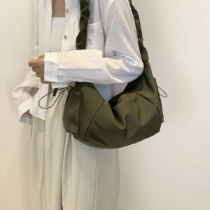 1pc Nylon Fabric Multi-Pocket Dumpling Crossbody Bag, Women Casual Pleated Drawstring Shoulder Bag, Slouchy Bohemian Hobo Bag