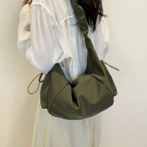 1pc Nylon Fabric Multi-Pocket Dumpling Crossbody Bag, Women Casual Pleated Drawstring Shoulder Bag, Slouchy Bohemian Hobo Bag