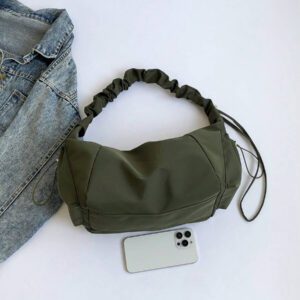 1pc Nylon Fabric Multi-Pocket Dumpling Crossbody Bag, Women Casual Pleated Drawstring Shoulder Bag, Slouchy Bohemian Hobo Bag