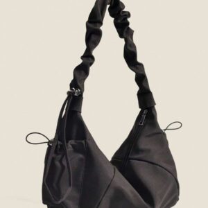 1pc Nylon Fabric Multi-Pocket Dumpling Crossbody Bag, Women Casual Pleated Drawstring Shoulder Bag, Slouchy Bohemian Hobo Bag