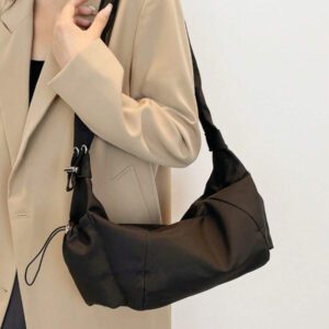 1pc Nylon Fabric Multi-Pocket Dumpling Crossbody Bag, Women Casual Pleated Drawstring Shoulder Bag, Slouchy Bohemian Hobo Bag