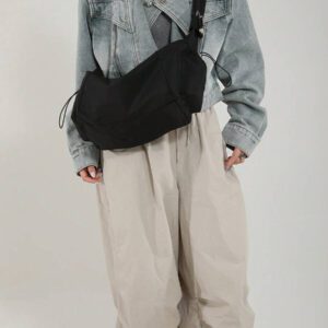 1pc Nylon Fabric Multi-Pocket Dumpling Crossbody Bag, Women Casual Pleated Drawstring Shoulder Bag, Slouchy Bohemian Hobo Bag