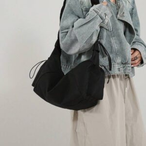 1pc Nylon Fabric Multi-Pocket Dumpling Crossbody Bag, Women Casual Pleated Drawstring Shoulder Bag, Slouchy Bohemian Hobo Bag