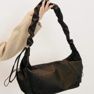 1pc Nylon Fabric Multi-Pocket Dumpling Crossbody Bag, Women Casual Pleated Drawstring Shoulder Bag, Slouchy Bohemian Hobo Bag