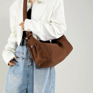 1pc Nylon Fabric Multi-Pocket Dumpling Crossbody Bag, Women Casual Pleated Drawstring Shoulder Bag, Slouchy Bohemian Hobo Bag