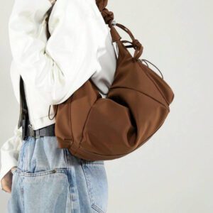 1pc Nylon Fabric Multi-Pocket Dumpling Crossbody Bag, Women Casual Pleated Drawstring Shoulder Bag, Slouchy Bohemian Hobo Bag