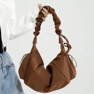 1pc Nylon Fabric Multi-Pocket Dumpling Crossbody Bag, Women Casual Pleated Drawstring Shoulder Bag, Slouchy Bohemian Hobo Bag