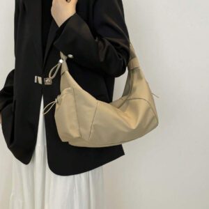 1pc Nylon Fabric Multi-Pocket Dumpling Crossbody Bag, Women Casual Pleated Drawstring Shoulder Bag, Slouchy Bohemian Hobo Bag