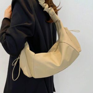 1pc Nylon Fabric Multi-Pocket Dumpling Crossbody Bag, Women Casual Pleated Drawstring Shoulder Bag, Slouchy Bohemian Hobo Bag