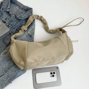 1pc Nylon Fabric Multi-Pocket Dumpling Crossbody Bag, Women Casual Pleated Drawstring Shoulder Bag, Slouchy Bohemian Hobo Bag