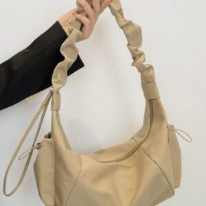 1pc Nylon Fabric Multi-Pocket Dumpling Crossbody Bag, Women Casual Pleated Drawstring Shoulder Bag, Slouchy Bohemian Hobo Bag
