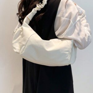 1pc Nylon Fabric Multi-Pocket Dumpling Crossbody Bag, Women Casual Pleated Drawstring Shoulder Bag, Slouchy Bohemian Hobo Bag