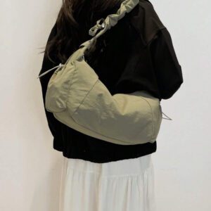 1pc Nylon Fabric Multi-Pocket Dumpling Crossbody Bag, Women Casual Pleated Drawstring Shoulder Bag, Slouchy Bohemian Hobo Bag