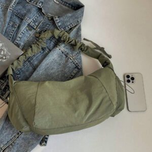 1pc Nylon Fabric Multi-Pocket Dumpling Crossbody Bag, Women Casual Pleated Drawstring Shoulder Bag, Slouchy Bohemian Hobo Bag