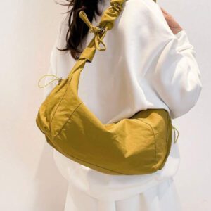 1pc Nylon Fabric Multi-Pocket Dumpling Crossbody Bag, Women Casual Pleated Drawstring Shoulder Bag, Slouchy Bohemian Hobo Bag