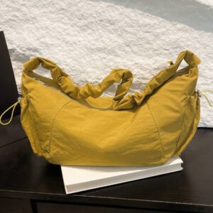 1pc Nylon Fabric Multi-Pocket Dumpling Crossbody Bag, Women Casual Pleated Drawstring Shoulder Bag, Slouchy Bohemian Hobo Bag