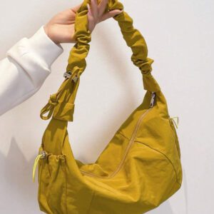 1pc Nylon Fabric Multi-Pocket Dumpling Crossbody Bag, Women Casual Pleated Drawstring Shoulder Bag, Slouchy Bohemian Hobo Bag