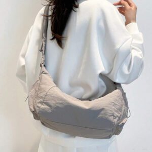 1pc Nylon Fabric Multi-Pocket Dumpling Crossbody Bag, Women Casual Pleated Drawstring Shoulder Bag, Slouchy Bohemian Hobo Bag
