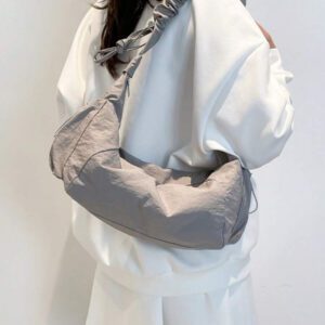 1pc Nylon Fabric Multi-Pocket Dumpling Crossbody Bag, Women Casual Pleated Drawstring Shoulder Bag, Slouchy Bohemian Hobo Bag