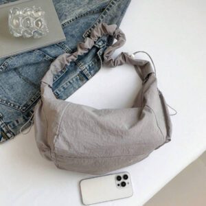 1pc Nylon Fabric Multi-Pocket Dumpling Crossbody Bag, Women Casual Pleated Drawstring Shoulder Bag, Slouchy Bohemian Hobo Bag