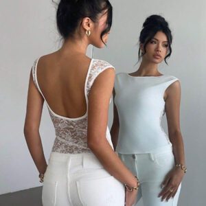 Aloruh T-shirt de mode femme d'été en dentelle florale avec patchwork, coupe moulante