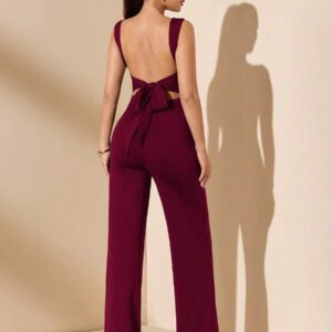 SHEIN BAE Jumpsuit élégant et sexy dos nu avec bretelles à nœud, sans manches, jambe extra-large. Polyvalent pour les sorties décontractées, les rendez-vous, les fêtes et les rassemblements - Jumpsuit asymétrique à jambe large, Jumpsuit pour la Saint-Valentin, Jumpsuit de tous les jours, Jumpsuit élégant