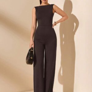 SHEIN BAE Jumpsuit élégant et sexy dos nu avec bretelles à nœud, sans manches, jambe extra-large. Polyvalent pour les sorties décontractées, les rendez-vous, les fêtes et les rassemblements - Jumpsuit asymétrique à jambe large, Jumpsuit pour la Saint-Valentin, Jumpsuit de tous les jours, Jumpsuit élégant