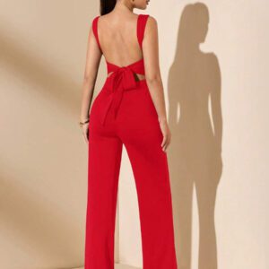 SHEIN BAE Jumpsuit élégant et sexy dos nu avec bretelles à nœud, sans manches, jambe extra-large. Polyvalent pour les sorties décontractées, les rendez-vous, les fêtes et les rassemblements - Jumpsuit asymétrique à jambe large, Jumpsuit pour la Saint-Valentin, Jumpsuit de tous les jours, Jumpsuit élégant