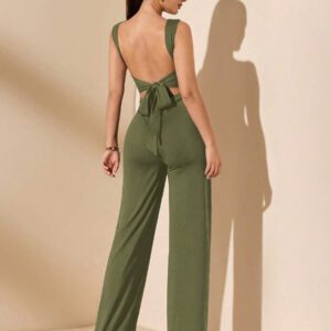 SHEIN BAE Jumpsuit élégant et sexy dos nu avec bretelles à nœud, sans manches, jambe extra-large. Polyvalent pour les sorties décontractées, les rendez-vous, les fêtes et les rassemblements - Jumpsuit asymétrique à jambe large, Jumpsuit pour la Saint-Valentin, Jumpsuit de tous les jours, Jumpsuit élégant