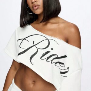 SUMWON WOMEN Top court style épaules dénudées avec logo calligraphié, tenue casual d'été pour festival, week-end, soirée, style urbain