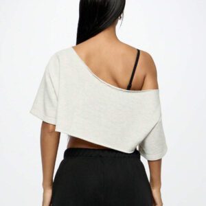 SUMWON WOMEN Top court style épaules dénudées avec logo calligraphié, tenue casual d'été pour festival, week-end, soirée, style urbain