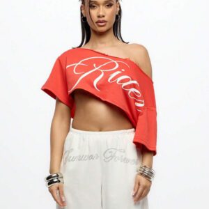 SUMWON WOMEN Top court style épaules dénudées avec logo calligraphié, tenue casual d'été pour festival, week-end, soirée, style urbain