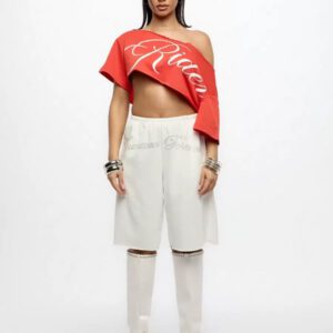 SUMWON WOMEN Top court style épaules dénudées avec logo calligraphié, tenue casual d'été pour festival, week-end, soirée, style urbain