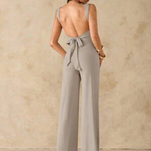 SHEIN BAE Jumpsuit élégant et sexy dos nu avec bretelles à nœud, sans manches, jambe extra-large. Polyvalent pour les sorties décontractées, les rendez-vous, les fêtes et les rassemblements - Jumpsuit asymétrique à jambe large, Jumpsuit pour la Saint-Valentin, Jumpsuit de tous les jours, Jumpsuit élégant