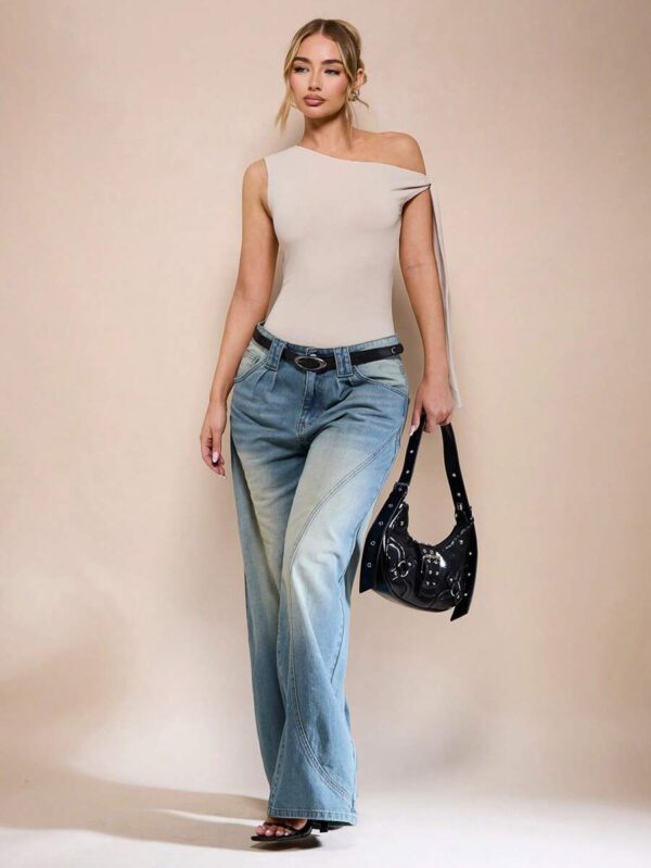 SHEIN BAE Body sans manche à col asymétrique avec détail torsadé, couleur unie, pour femme, pour loisirs ou vacances, couleur abricot – Image 4
