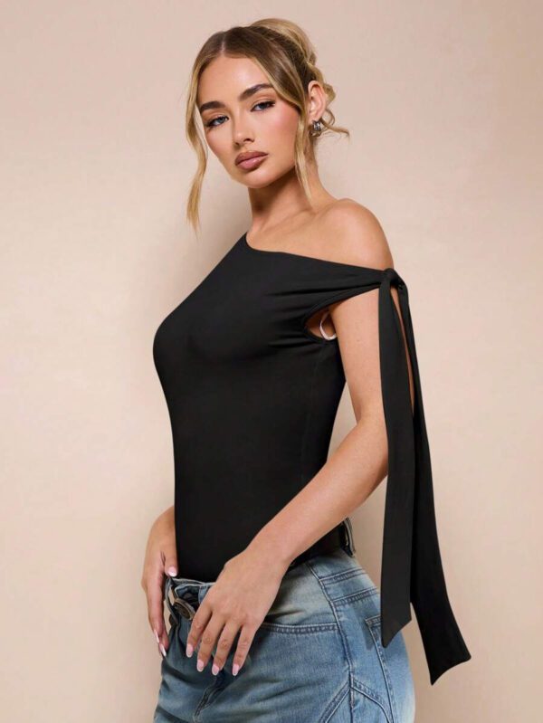 SHEIN BAE Body sans manche à col asymétrique avec détail torsadé, couleur unie, pour femme, pour loisirs ou vacances, couleur abricot – Image 11