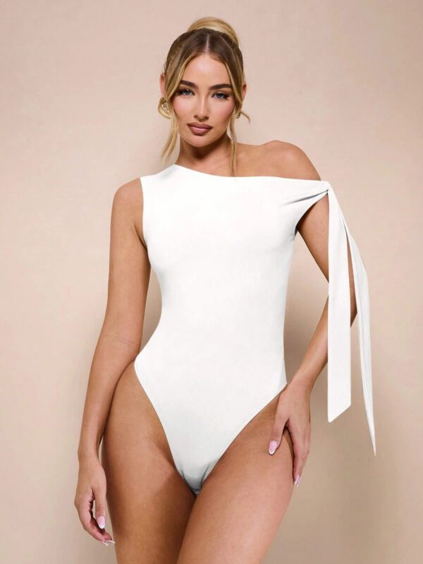 SHEIN BAE Body sans manche à col asymétrique avec détail torsadé, couleur unie, pour femme, pour loisirs ou vacances, couleur abricot – Image 14