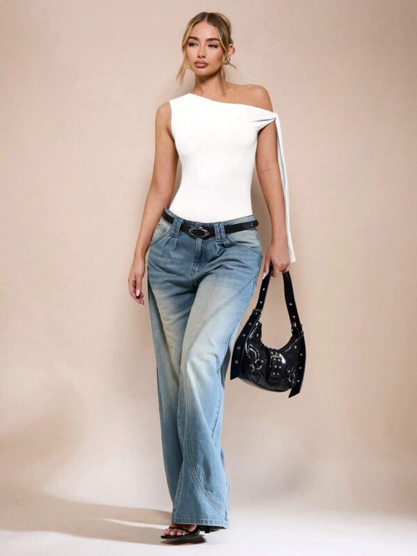 SHEIN BAE Body sans manche à col asymétrique avec détail torsadé, couleur unie, pour femme, pour loisirs ou vacances, couleur abricot – Image 16