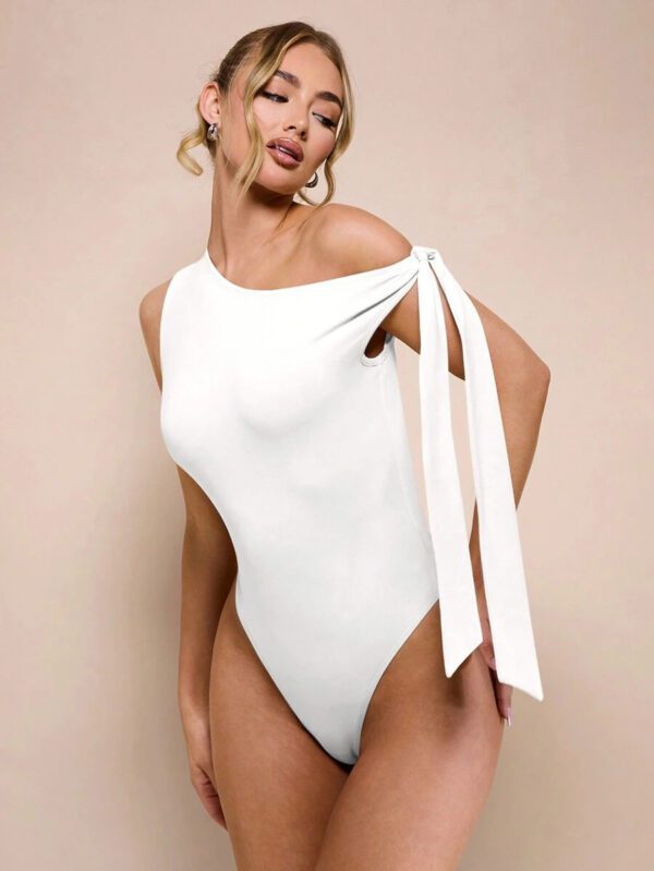 SHEIN BAE Body sans manche à col asymétrique avec détail torsadé, couleur unie, pour femme, pour loisirs ou vacances, couleur abricot – Image 18