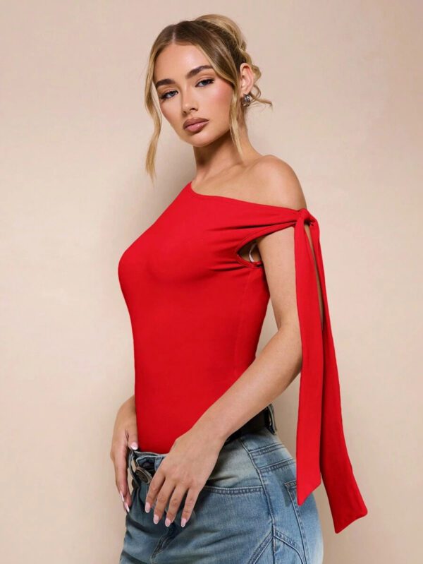 SHEIN BAE Body sans manche à col asymétrique avec détail torsadé, couleur unie, pour femme, pour loisirs ou vacances, couleur abricot – Image 23