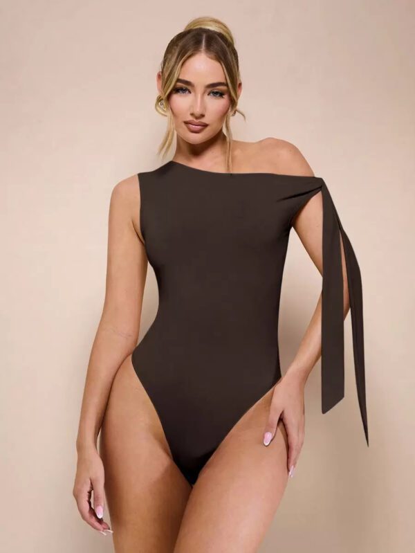 SHEIN BAE Body sans manche à col asymétrique avec détail torsadé, couleur unie, pour femme, pour loisirs ou vacances, couleur abricot – Image 26