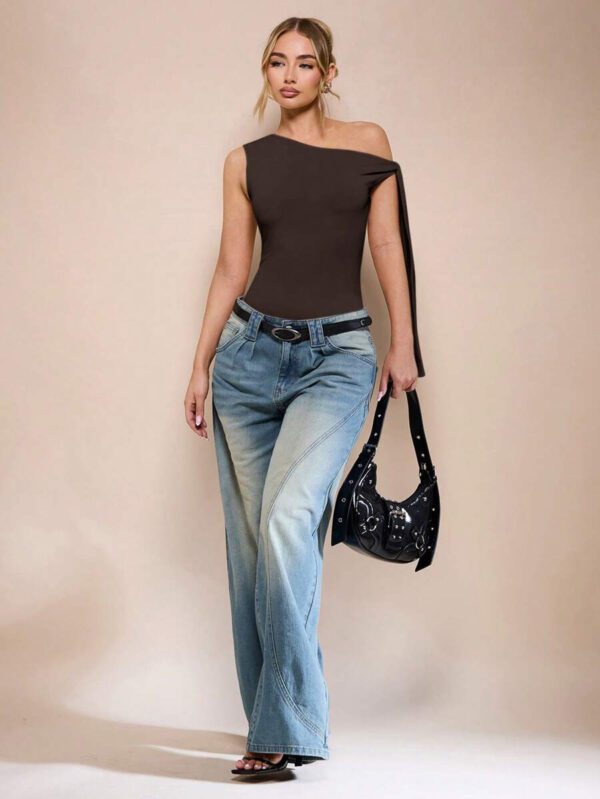 SHEIN BAE Body sans manche à col asymétrique avec détail torsadé, couleur unie, pour femme, pour loisirs ou vacances, couleur abricot – Image 28