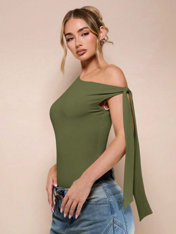 SHEIN BAE Body sans manche à col asymétrique avec détail torsadé, couleur unie, pour femme, pour loisirs ou vacances, couleur abricot – Image 34