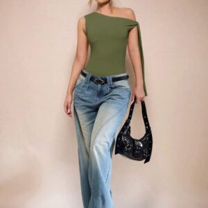 SHEIN BAE Body sans manche à col asymétrique avec détail torsadé, couleur unie, pour femme, pour loisirs ou vacances, couleur abricot
