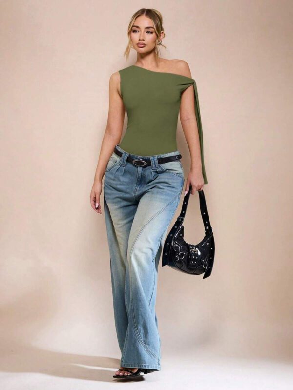 SHEIN BAE Body sans manche à col asymétrique avec détail torsadé, couleur unie, pour femme, pour loisirs ou vacances, couleur abricot – Image 35