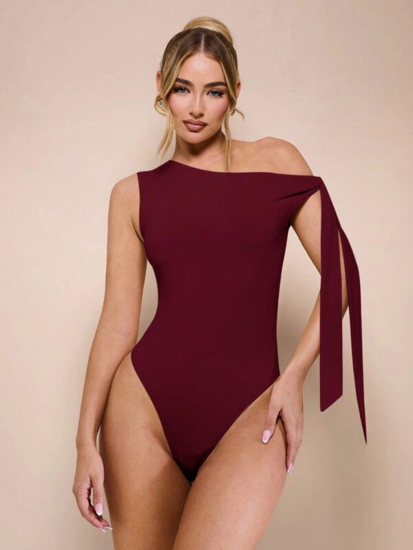 SHEIN BAE Body sans manche à col asymétrique avec détail torsadé, couleur unie, pour femme, pour loisirs ou vacances, couleur abricot – Image 38