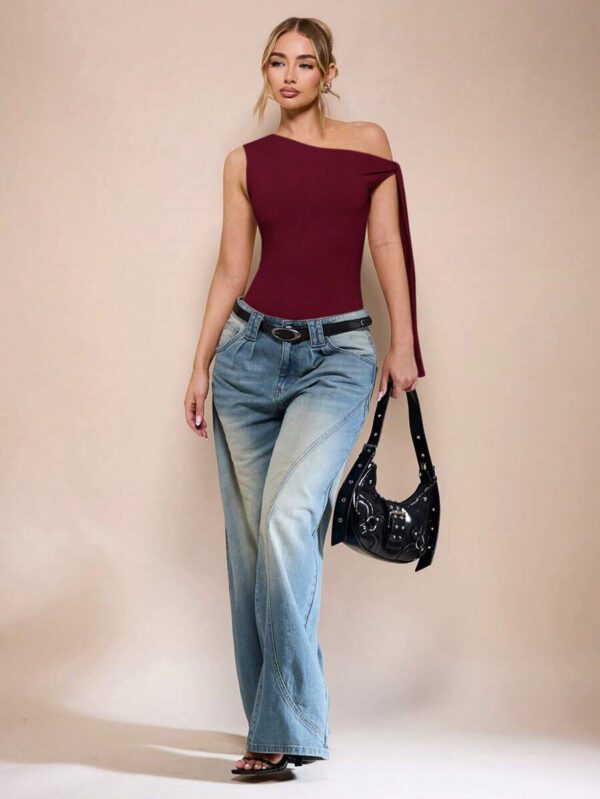 SHEIN BAE Body sans manche à col asymétrique avec détail torsadé, couleur unie, pour femme, pour loisirs ou vacances, couleur abricot – Image 40