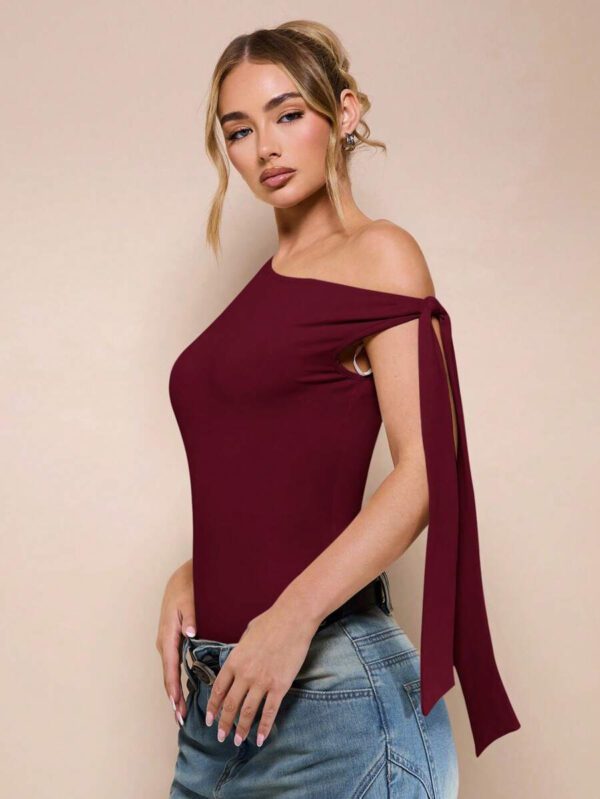 SHEIN BAE Body sans manche à col asymétrique avec détail torsadé, couleur unie, pour femme, pour loisirs ou vacances, couleur abricot – Image 41