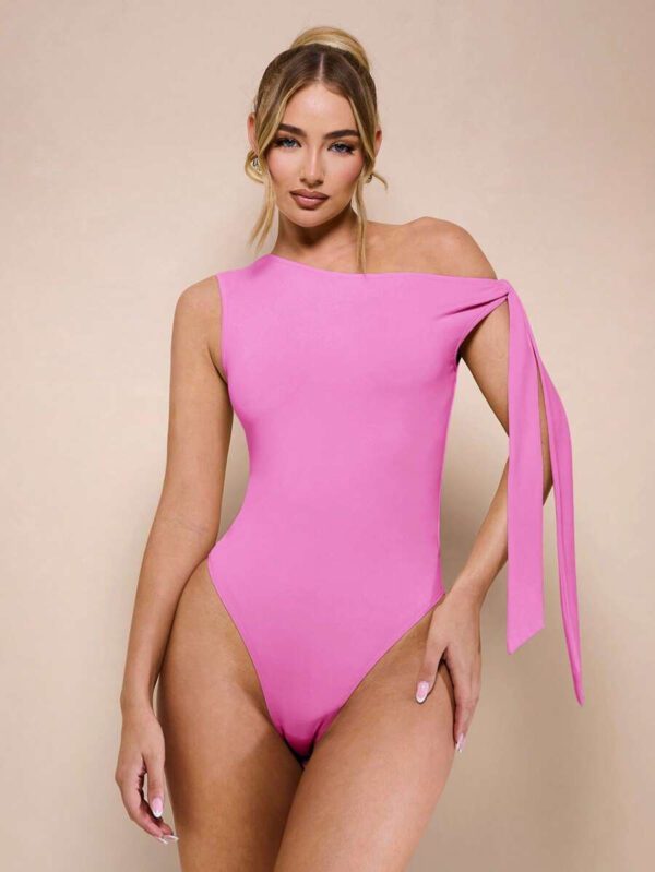 SHEIN BAE Body sans manche à col asymétrique avec détail torsadé, couleur unie, pour femme, pour loisirs ou vacances, couleur abricot – Image 44